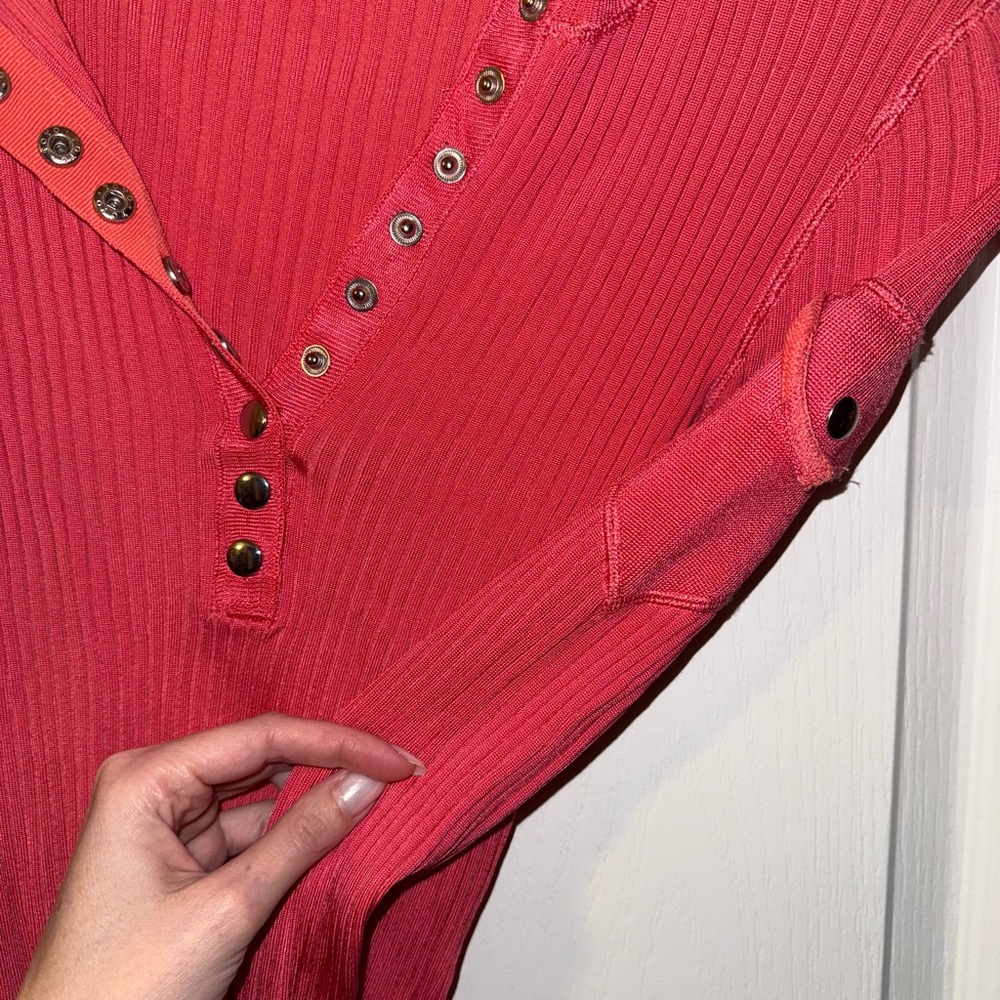 Cache Red Ribbed Button Down Polo Top - image 3